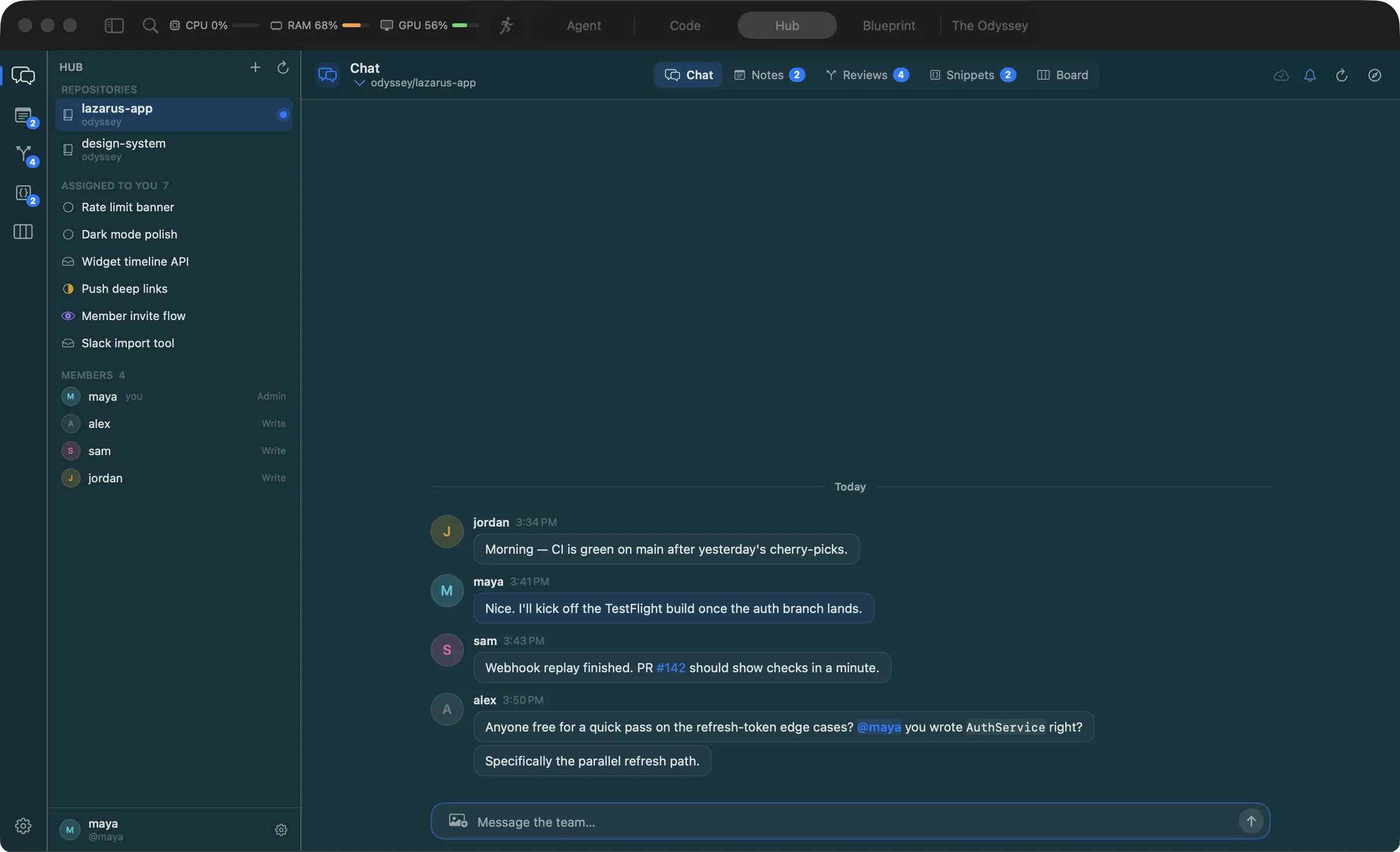Hub chat: a team conversation with day dividers, @mentions and a pull-request link, with repositories, assigned tasks and members in the sidebar